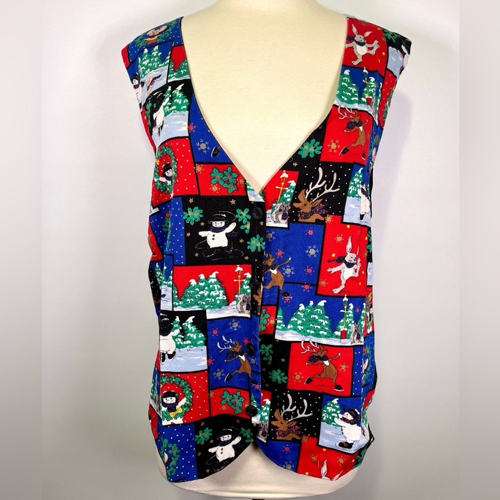 Vintage 90s Snowden Christmas Vest Snowman Reindeer Holiday Patchwork XL/2XL